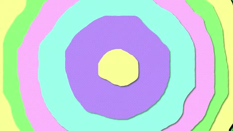 Animation-of-retro-hypnotic-motion-of-uneven-pastel-yellow,-green,-purple-and-blue-concentric-circle