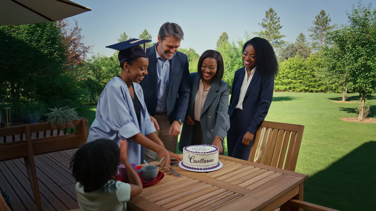 Group of people celebrating a graduation with cake outdoors