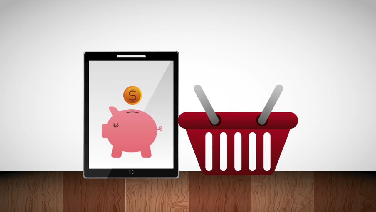 el comercio electrónico el pedido en línea la canasta de compras el dinero de seguridad del cerdo