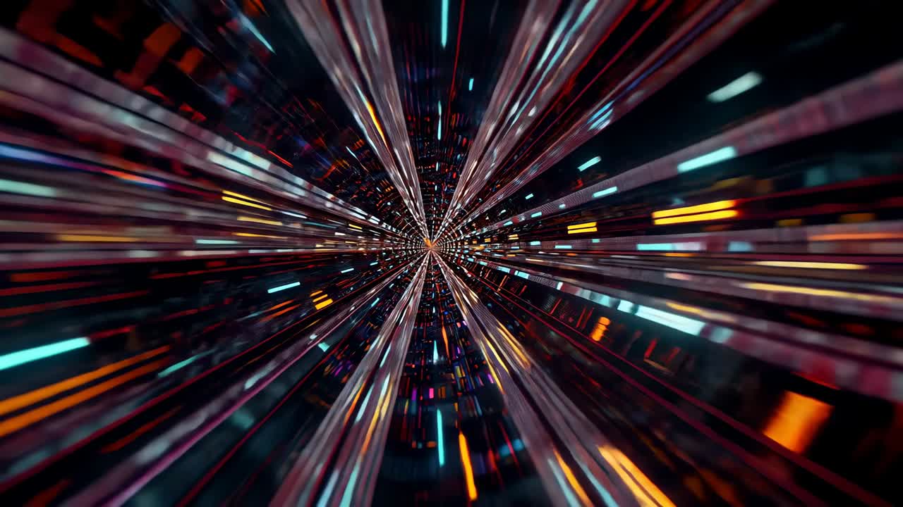 Accelerating camera racing through CGI tunnel with neon panels, simulating warp-speed travel