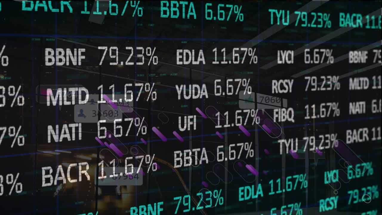 Animazione del mercato azionario e linee viola su una finestra.