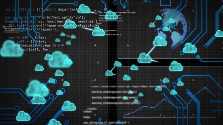 Animation of cloud icons and data processing over globe and screens