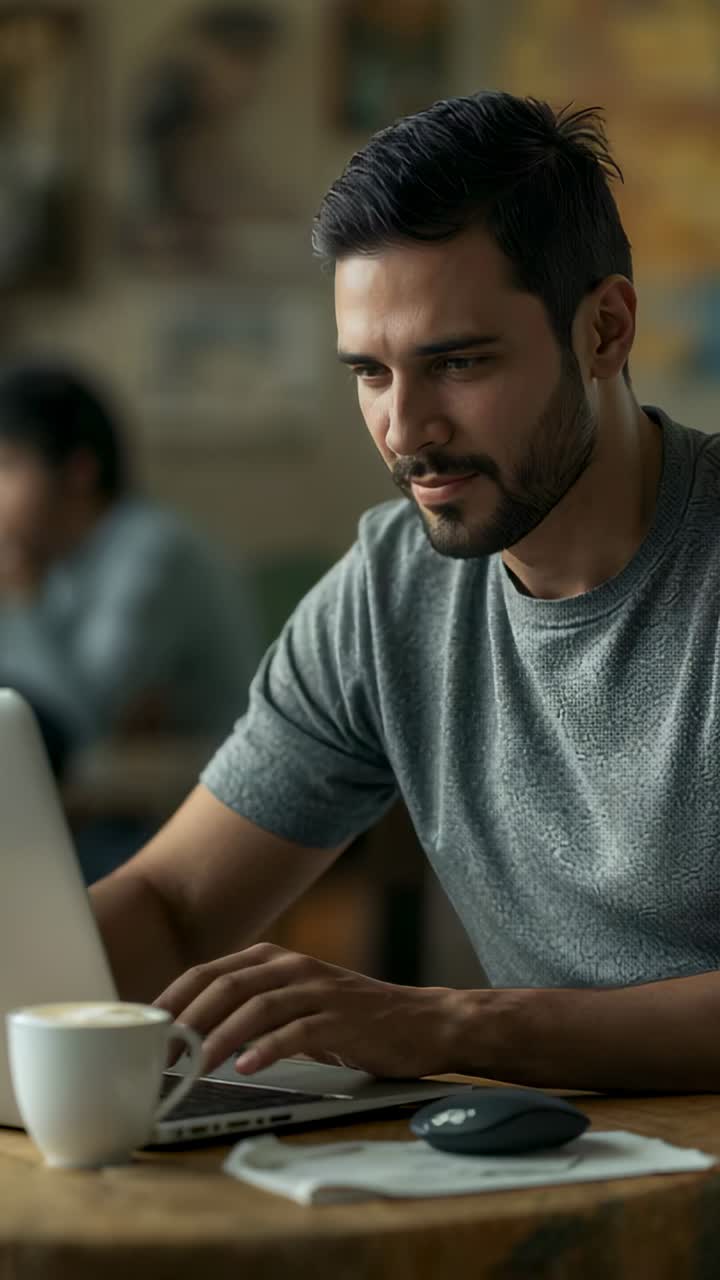 Vertical video: Reacting to laptop pop-up with coffee, man in grey tee smiling and typing at cafe