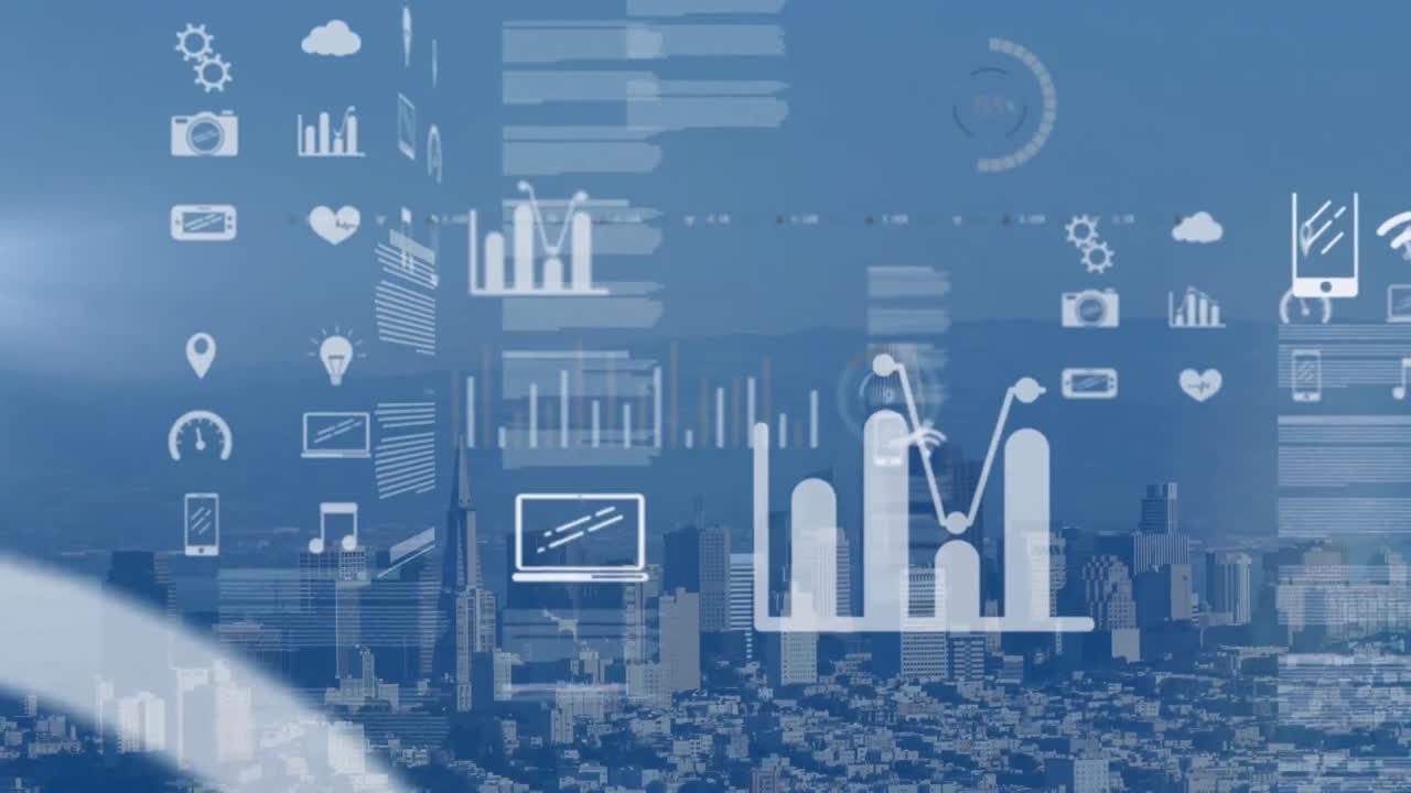 Animation of digital icons and data processing against aerial view of cityscape
