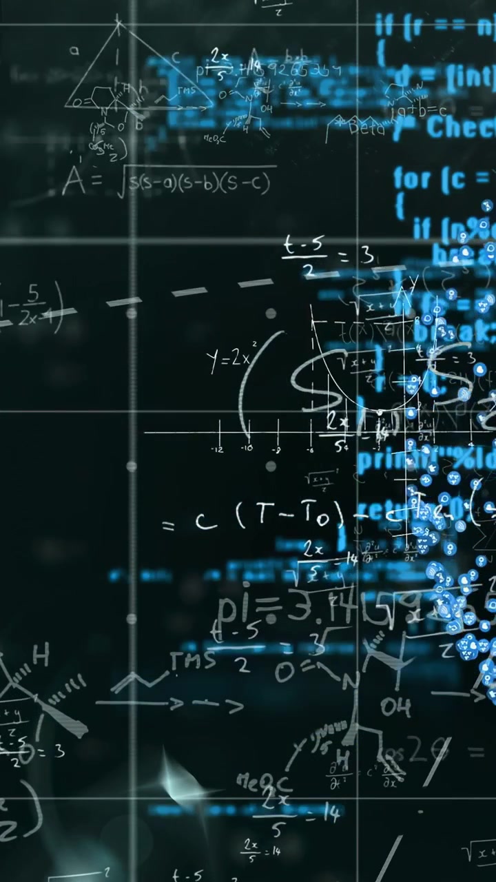 Vertical video: Code streaks rising sparking focus, math shifting, blue dots pulsing, asking 1+1=?