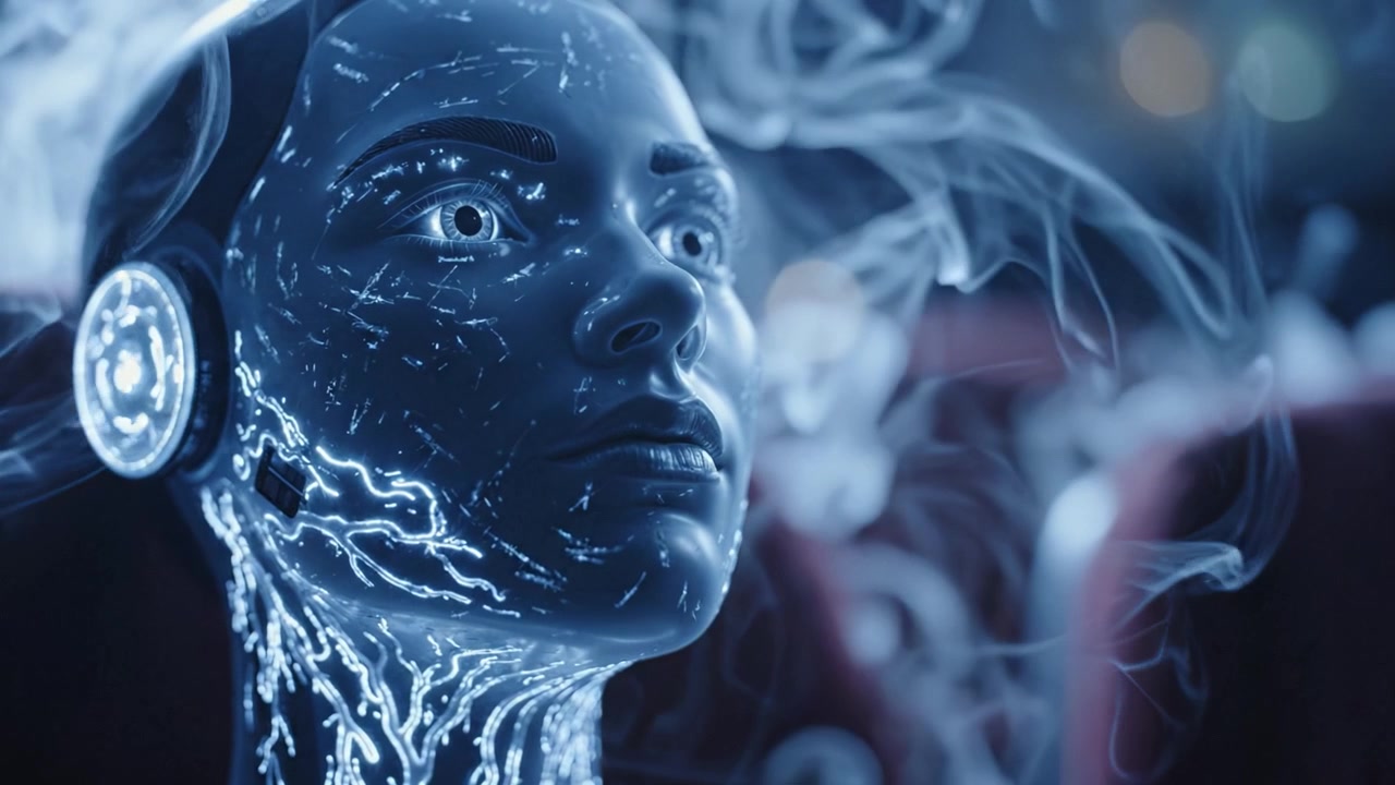 Una figura umanoide futuristica con circuiti luminosi e fumo etereo, che rappresenta la convergenza di tecnologia e coscienza, osserva il regno sconosciuto dell'IA.