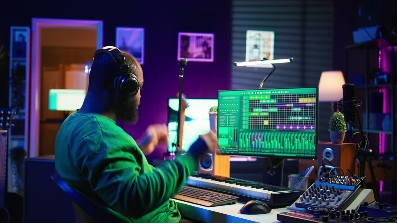 compositor de música añadiendo pistas como efectos de sonido para una nueva canción