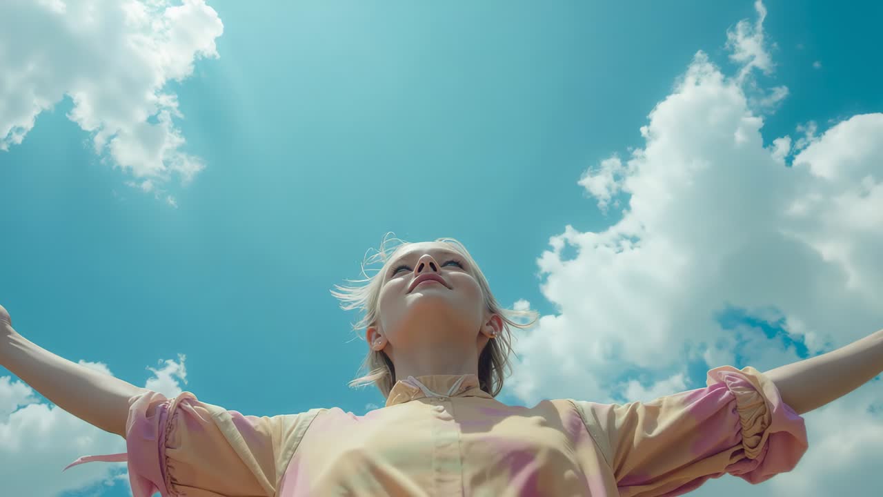 Standing teen under blue sky arms out tilting, smiling as breeze blowing hair, ruched top scarf