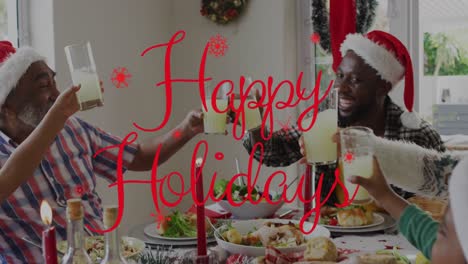 Animación-Del-Texto-De-Saludos-Navideños-Sobre-Una-Familia-Afroamericana-En-La-Cena-De-Navidad