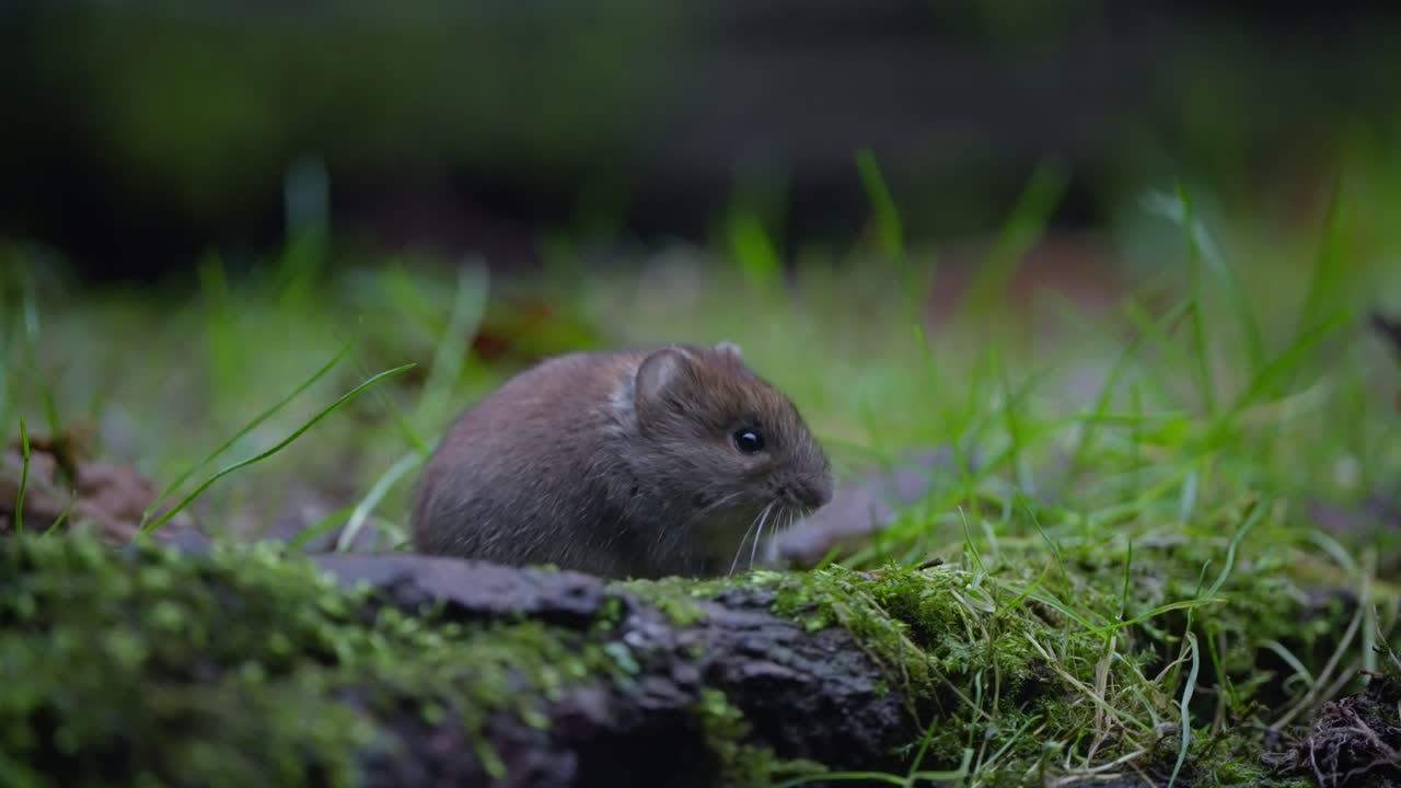 Bank vole crouches in clearing near moss, alert and tense posture under forest canopy