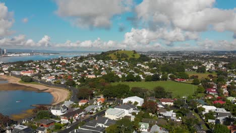 slowmo - aerial shot of mount victoria, devonport and north head in auckland, new zealand