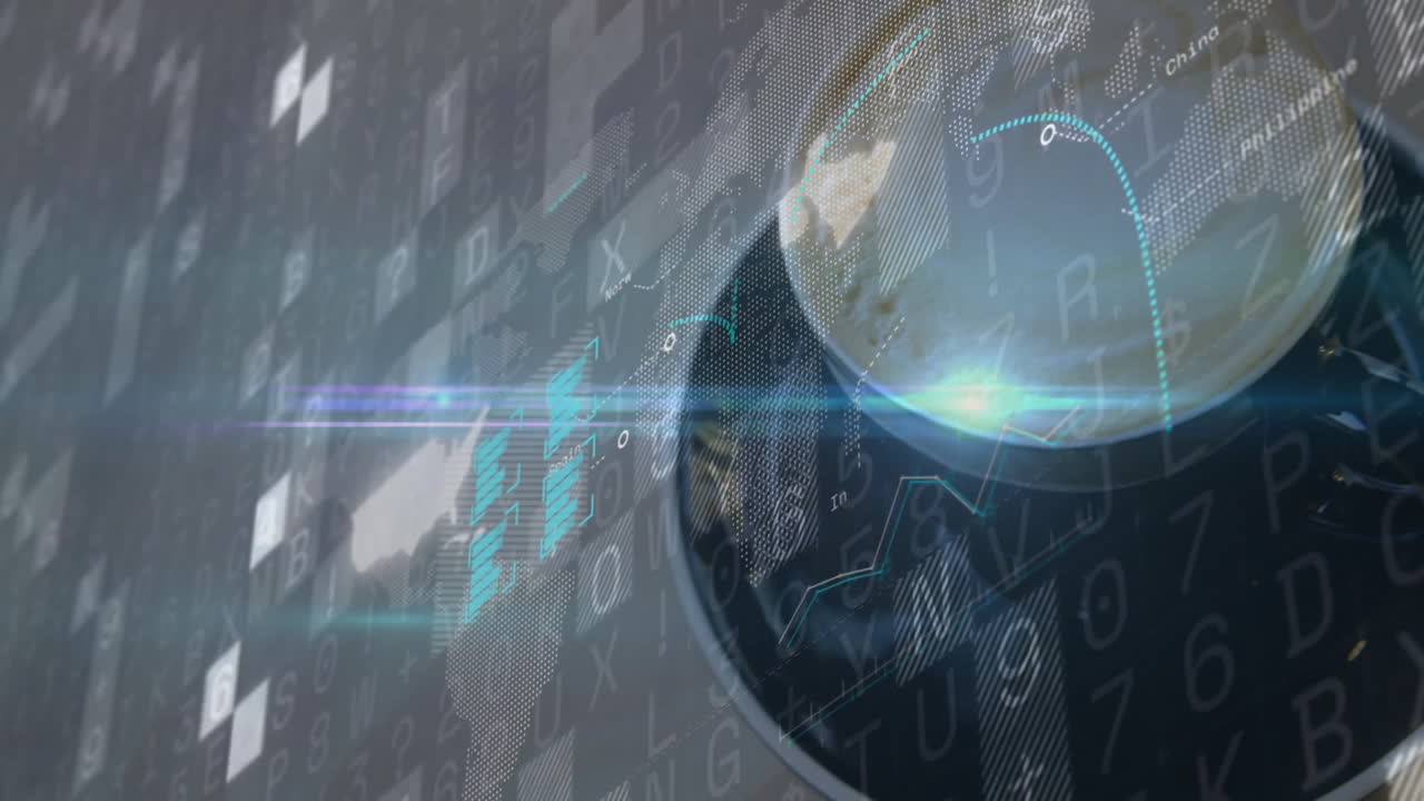 Digital spherical globe rotating on right side, projecting teal data lines through dark grid