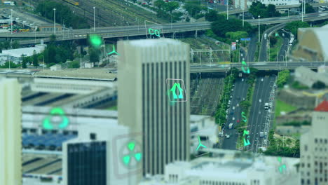 animation of digital icons over cityscape