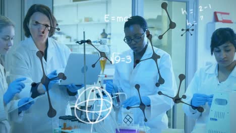 Molecular-structure-and-mathematical-symbols-against-group-of-scientists-working-in-laboratory