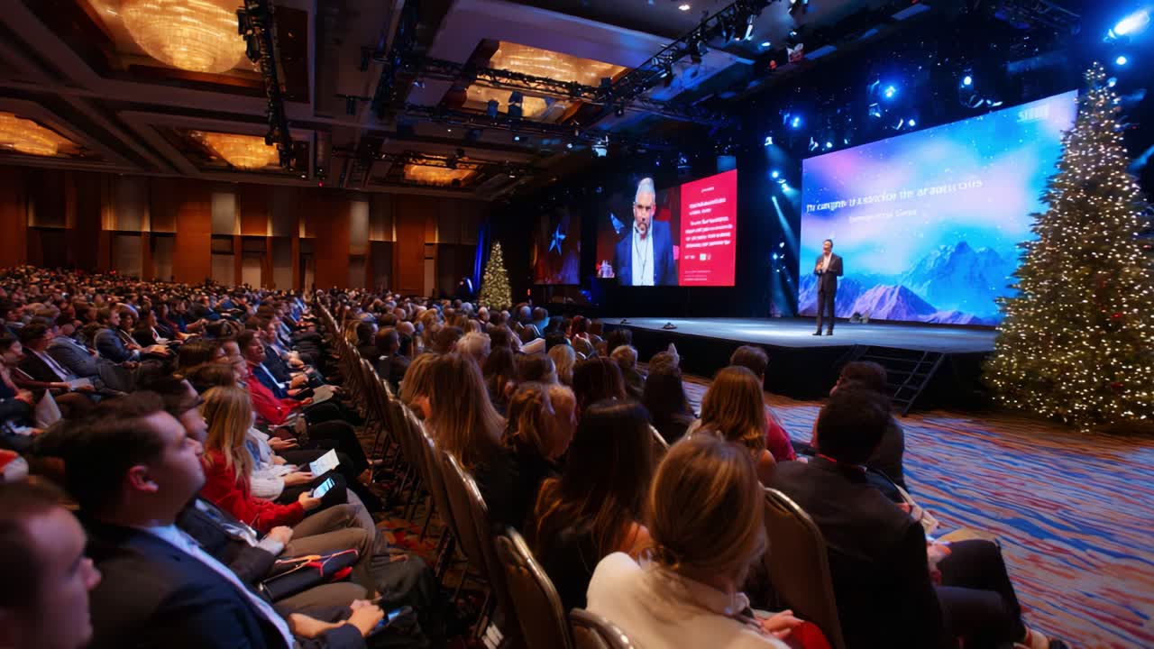 Captivating Conference Scene Featuring Dynamic Speaker Engaging an Enthusiastic Audience Amidst a Festive Setting, Showcasing Modern Technology and Event Production in a Spacious Venue