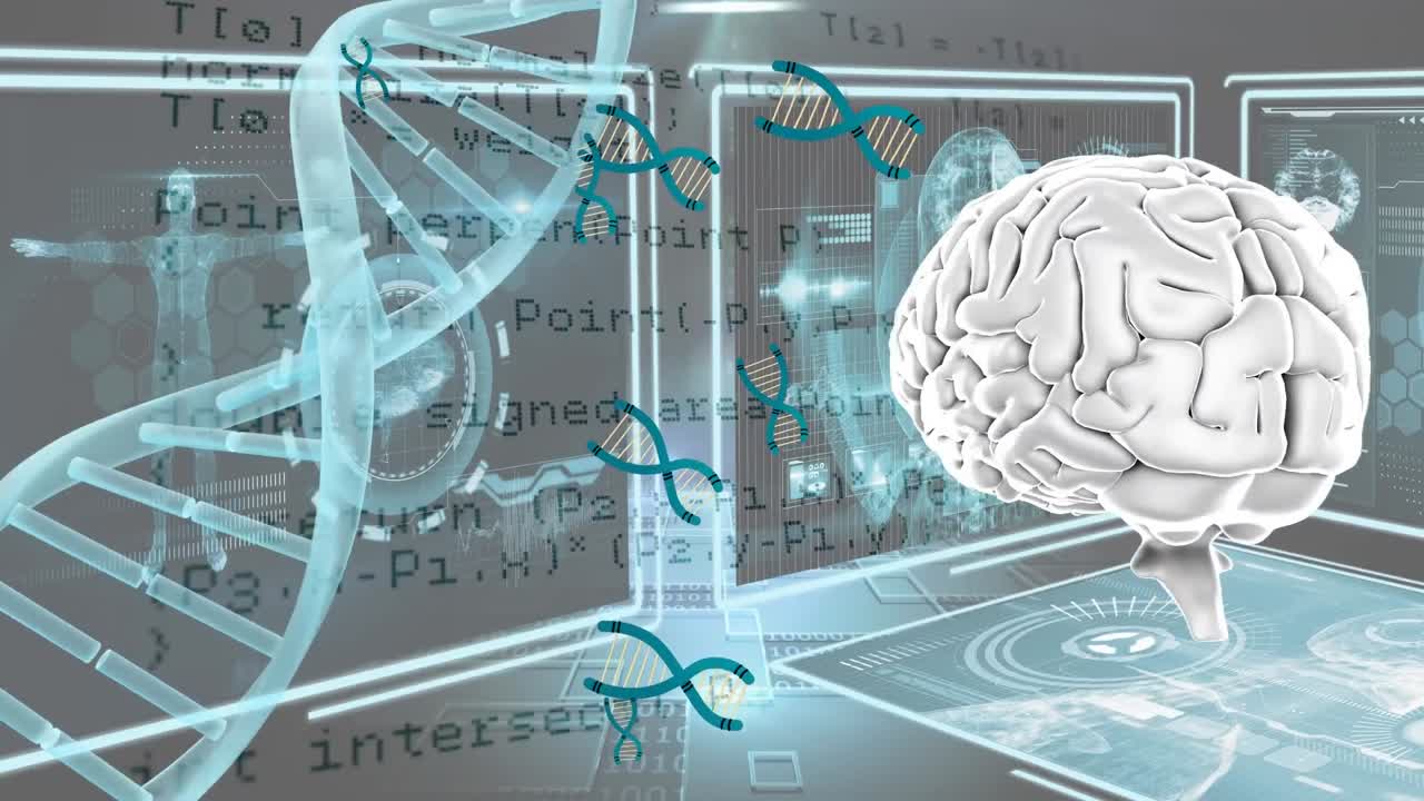 animación de datos cerebrales, de adn y anatómicos en pantallas digitales