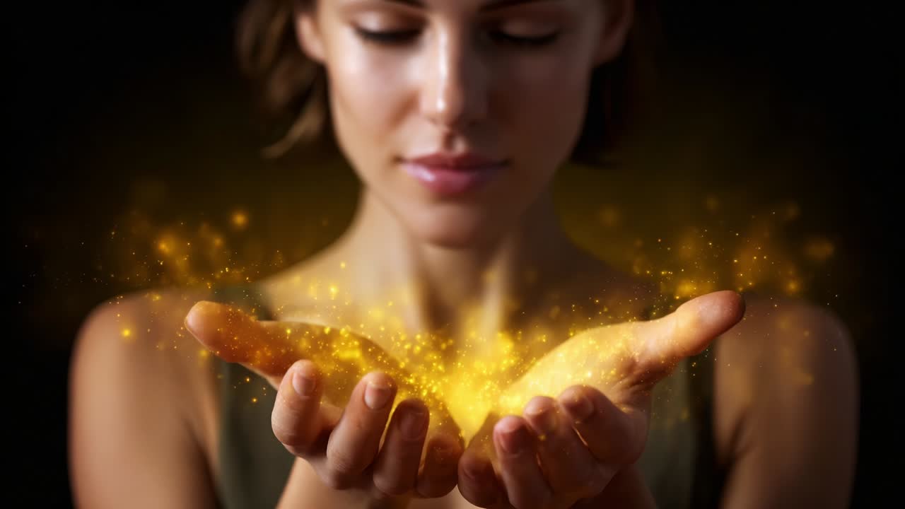 A woman holds shimmering golden particles in her palms, embodying a moment of wonder and magic. The enchanting energy swirls around her hands, capturing the beauty of creation and the allure of illumination in a captivating manner