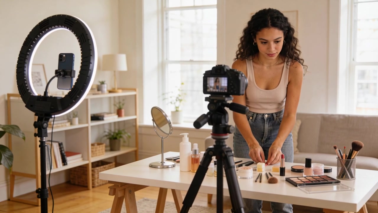 Ring light glowing, woman in tank top arranging makeup on home studio table, preparing tutorial