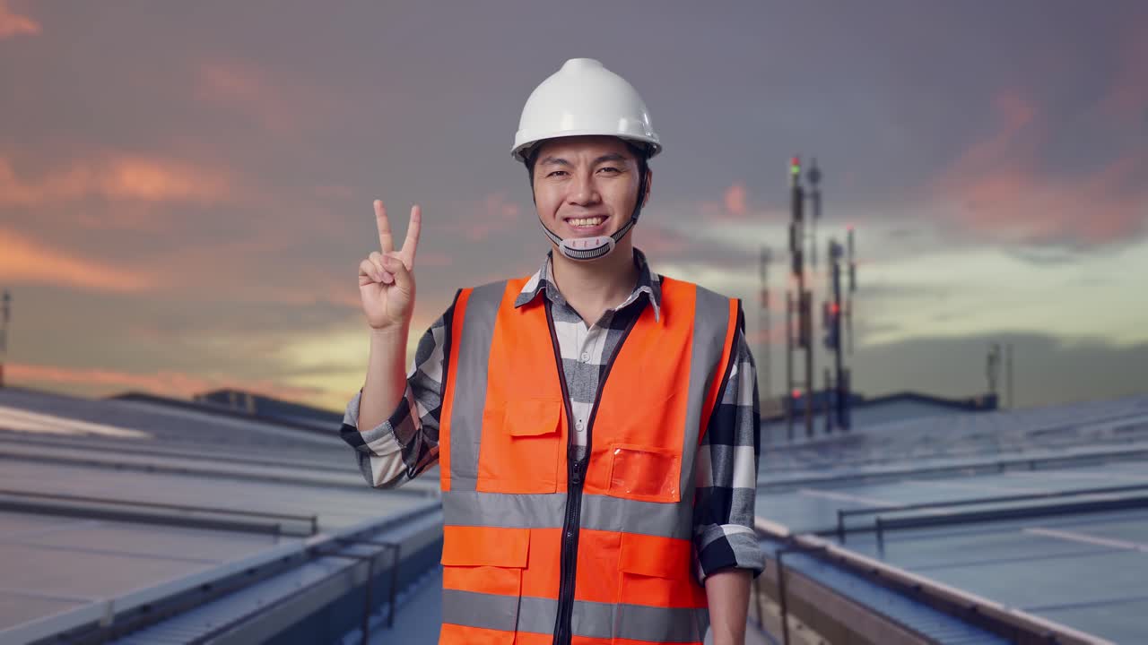 Aziatische mannelijke ingenieur met veiligheidshelm lachend en een vredesteken tonend, terwijl hij zonnepanelen op een dak inspecteert.