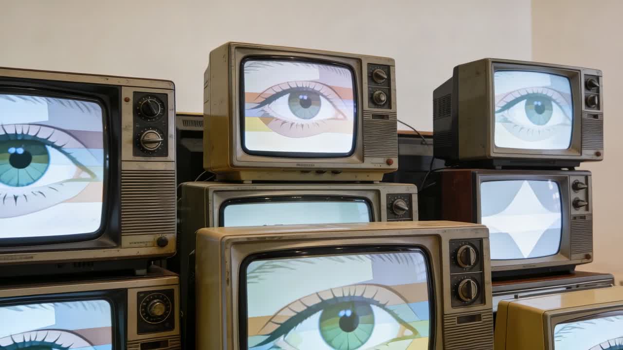 Televisori CRT vintage che mostrano grafiche oculari mutevoli al cambio dei fotogrammi, con manopole e cavi in una galleria.