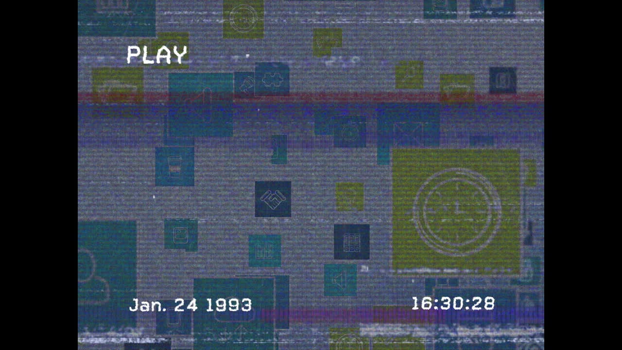 Animation of video tape with glitch and floating icons