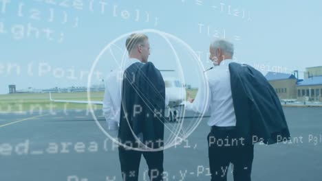 abstract shape and data processing over caucasian two pilots talking while walking on airport runway