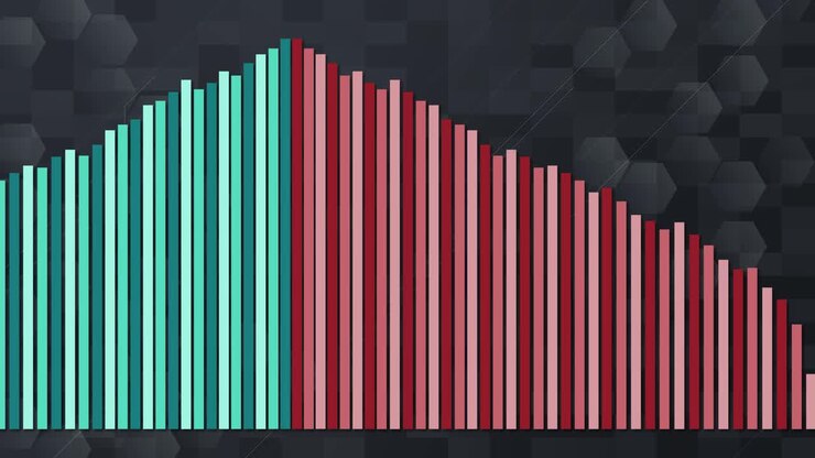 Digitalt animert stolpediagram med blågrønne og røde stolper, sekskantet rutenettbakgrunn og jevne overganger fra venstre til høyre