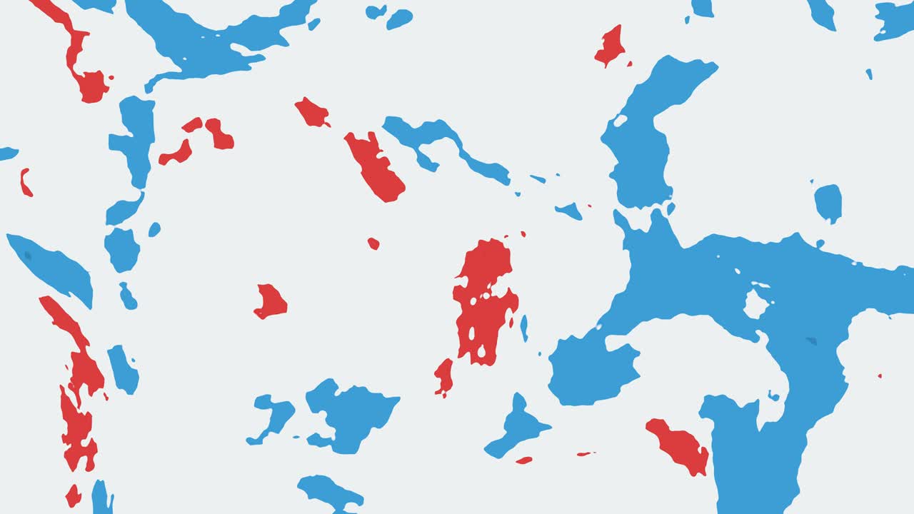 색 배경에서 움직이는 빨간색과 파란색의 은 모양의 추상적인 애니메이션.