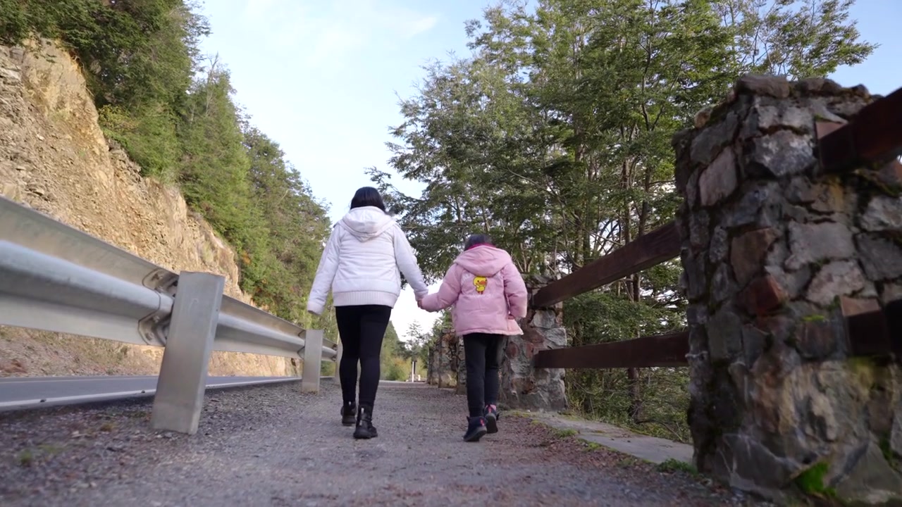 Una madre e una figlia camminano mano nella mano lungo un tranquillo sentiero di montagna fiancheggiato da alberi e recinzioni in pietra. Ideale per contenuti a tema famiglia o documentari di viaggio