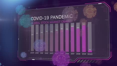 animación digital de las estadísticas de covid-19 contra múltiples iconos de células de covid-19 en fondo azul