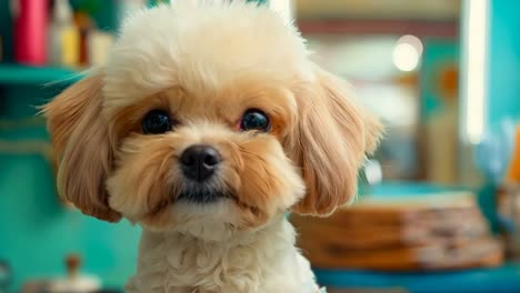 a small white dog sitting in a barber shop