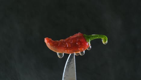 Red-chili-on-sharp-knife,-droplet-glistening,-against-black-backdrop