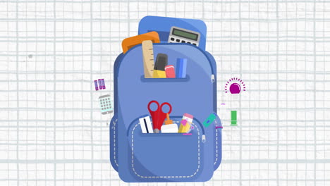 animación de la mochila y los iconos de la escuela sobre un fondo de papel cuadrado blanco.