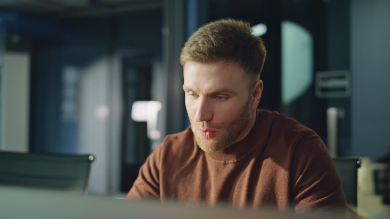 Entrepreneur waving video call in office closeup. Smiling businessman greeting