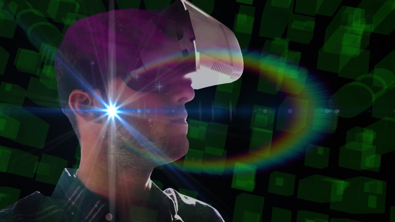 espacio sobre el hombre usando auriculares vr contra el paisaje urbano