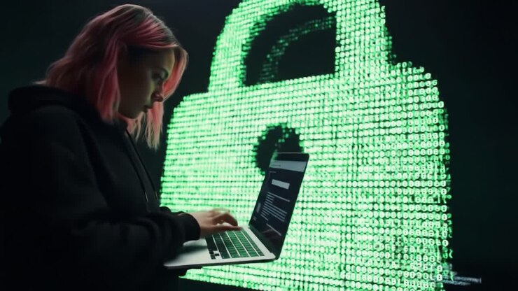 A focused individual engages with a laptop amidst a backdrop of digital security graphics, emphasizing the intersection of technology and personal cybersecurity awareness