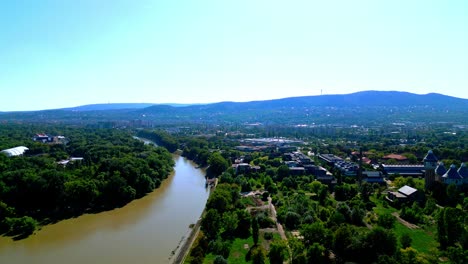 tranquil river in obuda island, budapest, hungary - aerial shot