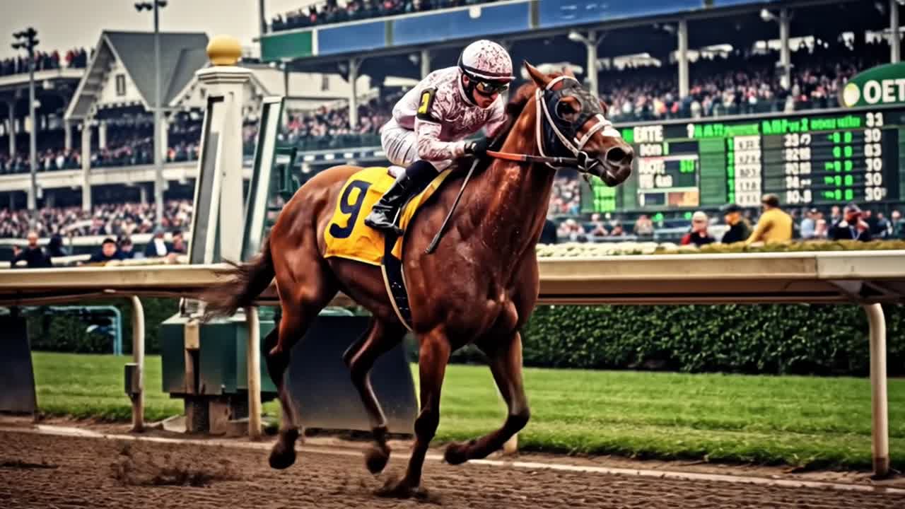 Racehorse and Jockey Galloping Past the Grandstand During a Derby