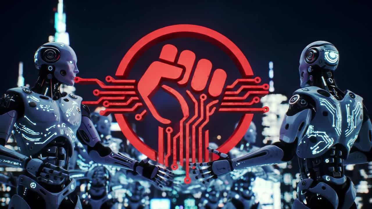 Futuristic Robots Engage in a Symbolic Revolution Against Traditional Systems, Highlighting the Power of Technology in a Dystopian Urban Landscape