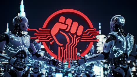 futuristic robots engage in a symbolic revolution against traditional systems, highlighting the power of technology in a dystopian urban landscape