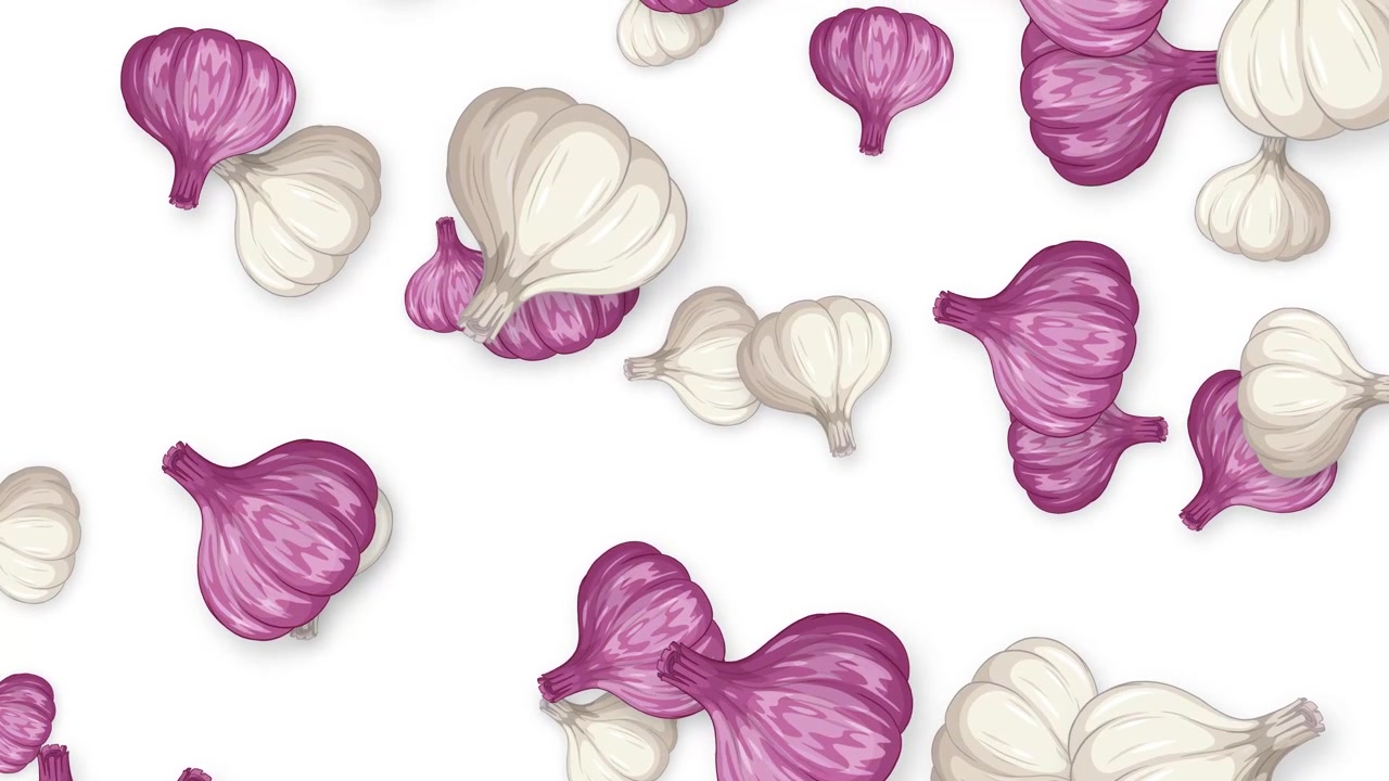 Bulbi d'aglio illustrati bianchi e viola cadono continuamente su uno sfondo bianco semplice.