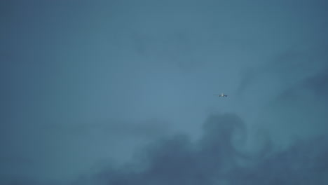 airplane is soaring through a cloudy sky at dusk, surrounded by soft blue and gray tones, creating a serene and tranquil atmosphere