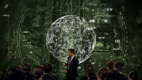 animación de un empresario caucásico haciendo una presentación sobre diversos datos y el mundo