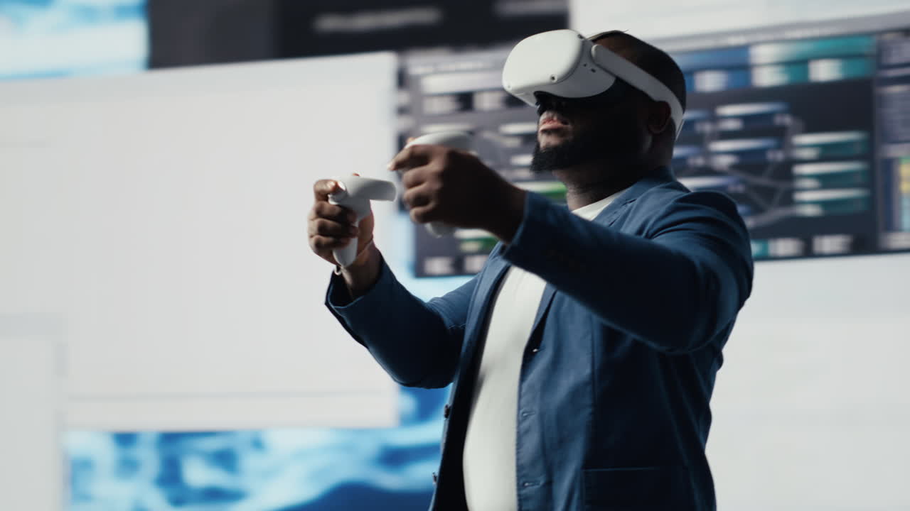 African american software developer uses virtual reality headset for coding