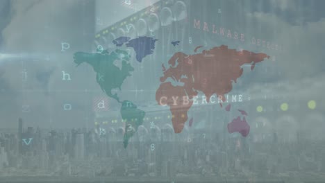 Animation-Der-Cybersicherheitsdatenverarbeitung-über-Einer-Weltkarte-Im-Vergleich-Zur-Nahaufnahme-Eines-Computerservers