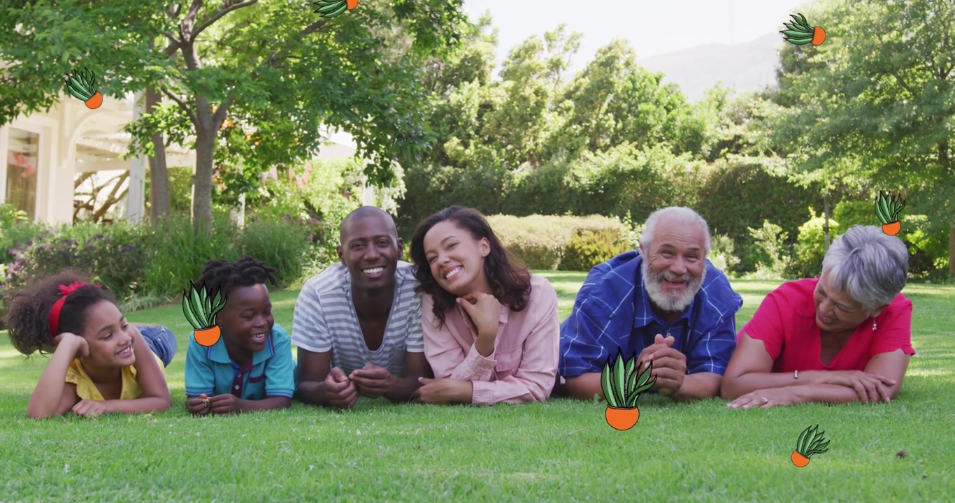 Animation of plant icons over african american family in garden