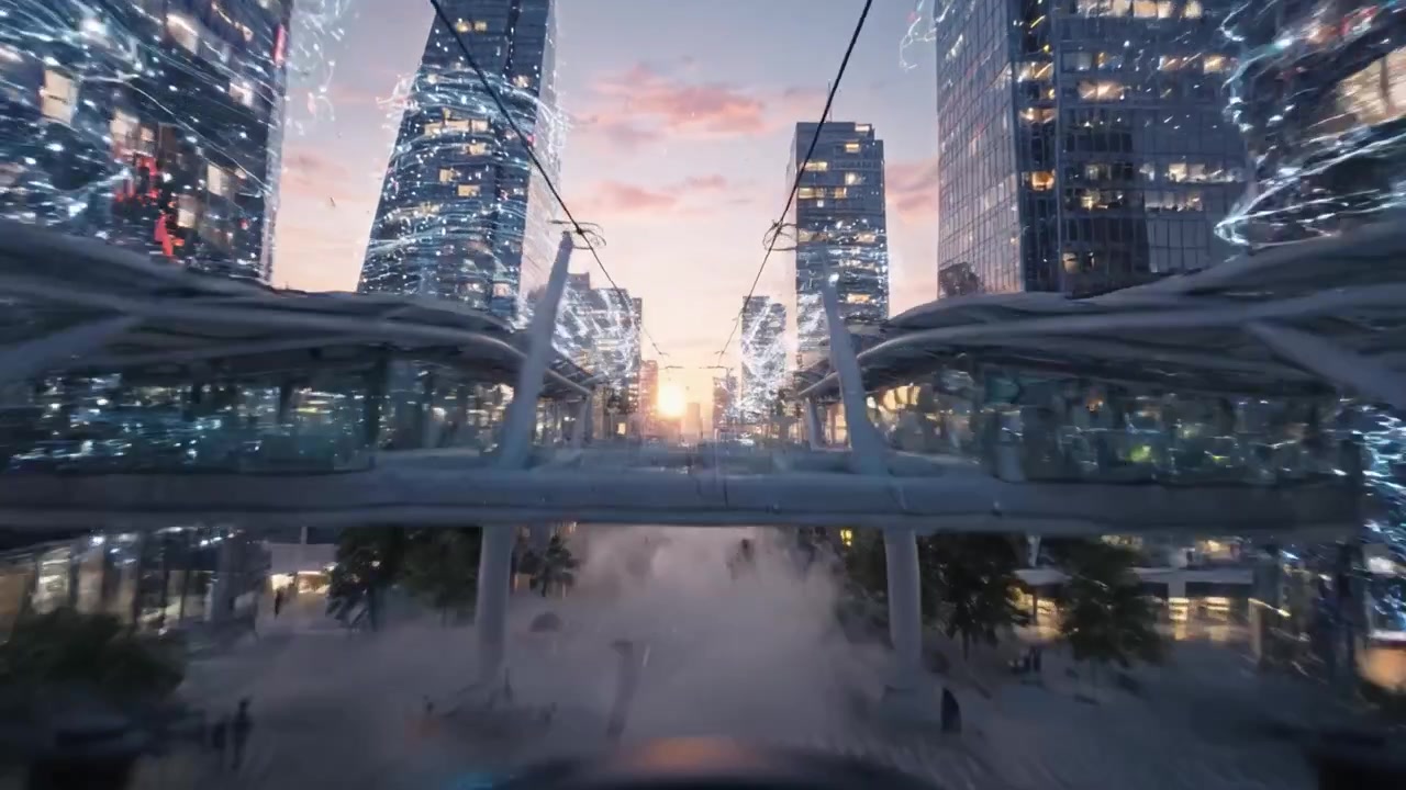 Futuristische Stadtlandschaft mit autonomen Fahrzeugen und beleuchteten Wolkenkratzern bei Sonnenuntergang, die moderne Technologie und innovatives Stadtbild präsentiert