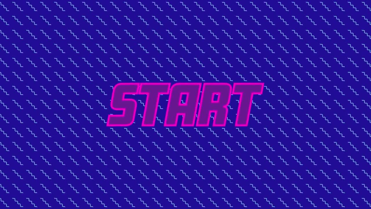 Animation of start text over moving shapes on blue background