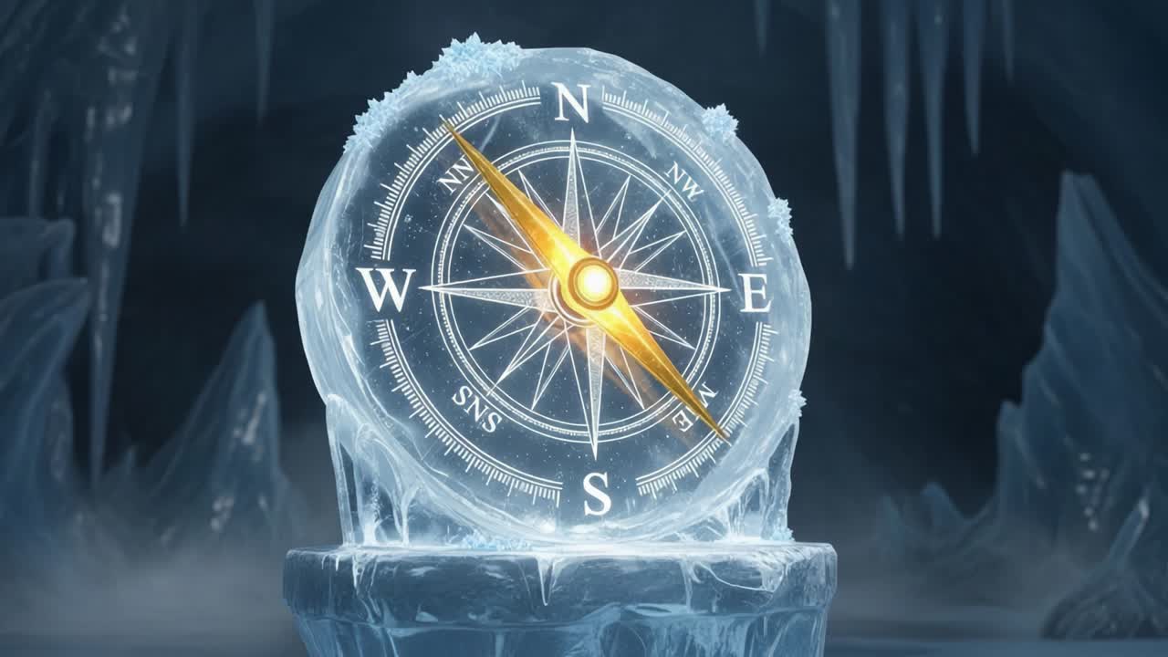 An Enigmatic Frozen Compass in an Icy Cave: Unraveling the Mysteries of Navigation in a Frigid Landscape Filled with Glimmering Ice and Shadows