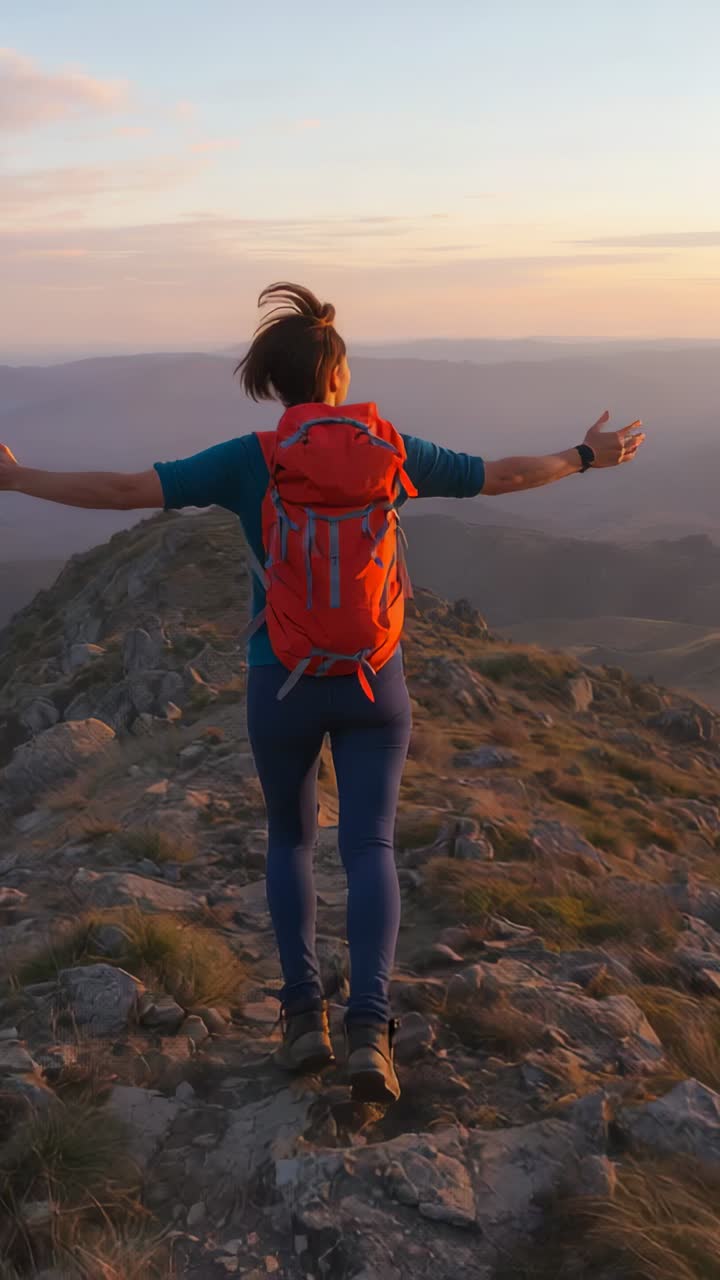 Vertical video: Beginning at crest, hiker walking ridge at sunset wearing red backpack and boots